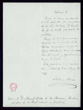 Carta de Antonio Arnao a Manuel Bretón de los Herreros con la que remite dos ejemplares de su obr...