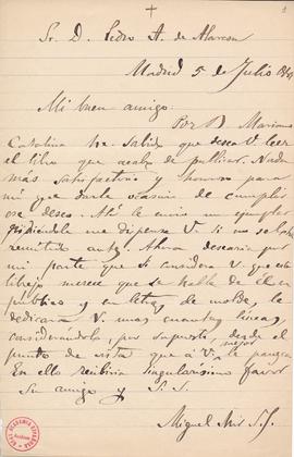 Carta de Miguel Mir a Pedro Antonio de Alarcón en la que le informa que le envía un ejemplar de s...