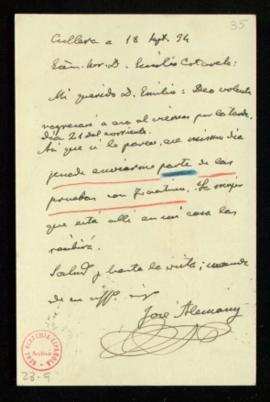Carta de José Alemany a Emilio Cotarelo en la que le pide que le envíe parte de las pruebas el vi...