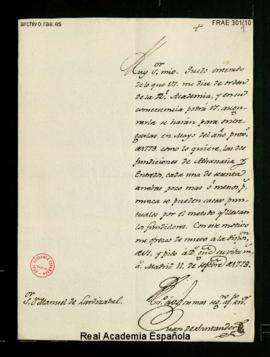 Carta de Juan de Santander a Manuel de Lardizábal en la que le comunica que las sesenta arrobas d...