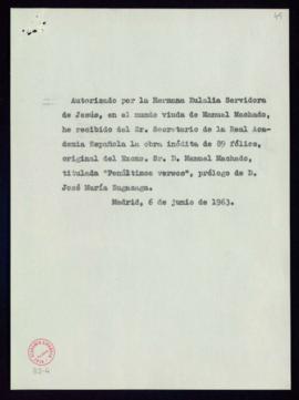 Copia del recibo del original Penúltimos versos de Manuel Machado