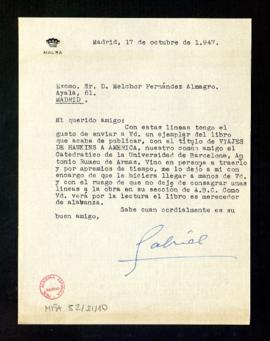 Carta de Gabriel Maura a Melchor Fernández Almagro con la que le remite un ejemplar del libro de ...