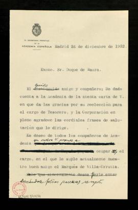 Carta del secretario al duque de Maura para informarle que ha transmitido su agradecimiento a la ...