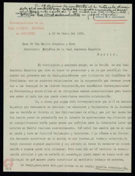 Carta de Ramón de Solano y Polanco a Emilio Cotarelo en la que le ruega que le envíe la comunicac...