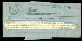 Telegrama de pésame del capitán general de San Fernando por el fallecimiento de Eduardo Marquina