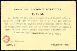 Estrechalamano de Féliz de Llanos y Torriglia a Julio Casares con el que le adjunta una nota con ...