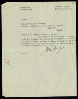 Carta de J. A. van Praag a Julio Casares con la que le remite 173 papeletas de voces o acepciones...