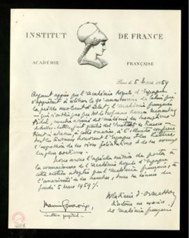 Carta de Wladimir d'Ormesson y Maurice Genevoix, director accidental y secretario perpetuo de la ...