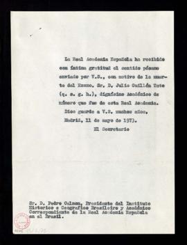 Copia sin firma del oficio del secretario a Pedro Calmon, presidente del Instituto Histórico e Ge...