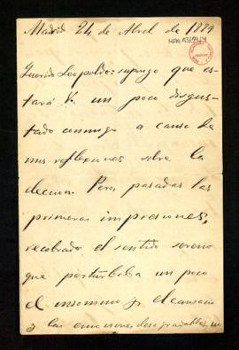 Carta de Emilio Castelar a Leopoldo [Garrido] en la que le dice que supone que está disgustado co...