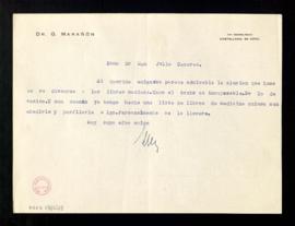 Carta de Gregorio Marañón a Julio Casares para decirle que le parece admirable la alusión a los l...
