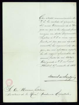 Carta de Manuel de Saralegui al secretario, Mariano Catalina, de agradecimiento a la Academia por...
