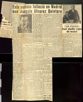 Recorte de Informaciones con el artículo Esta mañana falleció en Madrid don Joaquín Álvarez Quintero
