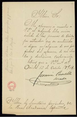 Carta de Fermín Canella Secades al secretario [Manuel Tamayo y Baus] con la que remite a la Acade...