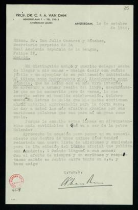 Carta de C. F. Adolf van Dam a Julio Casares en la que acusa recibo de su obra El idioma como ins...