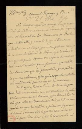 Carta de Juan de la Pezuela al secretario, Manuel Tamayo y Baus, en la que le comunica que tiene ...