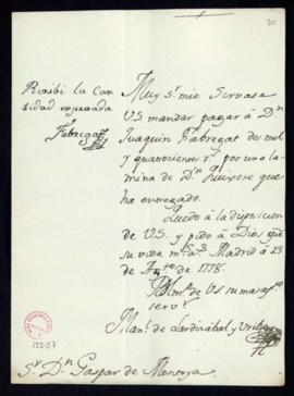 Orden de Manuel de Lardizábal del pago a Joaquín Fabregat de 2400 reales de vellón por una lámina...