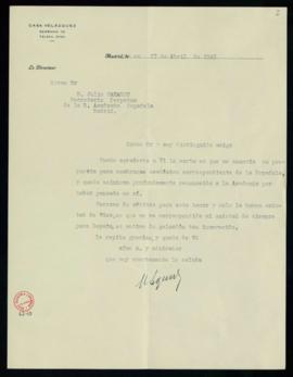 Carta de Maurice Legendre, director de la Casa Velázquez, a Julio Casares en la que le agradece l...
