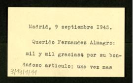 Tarjeta de visita de Azorín a Melchor Fernández Almagro en la que le agradece el artículo en elog...