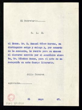 Copia sin firma del besalamano de Julio Casares, secretario, a Manuel Gómez-Moreno con la que le ...