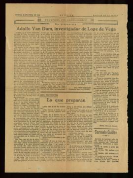 Recorte del diario La Unión con la noticia Adolfo van Dam, investigador de Lope de Vega