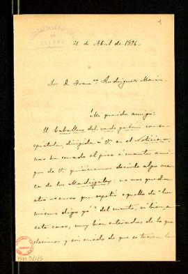 Carta de Antonio Aguilar y Cano a Francisco Rodríguez Marín en la que expresa su juicio sobre Mad...