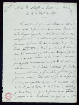 Minuta de la carta [de Manuel Bretón de los Herreros] a Adolfo de Castro en la que le transmite e...
