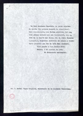 Copia del oficio del secretario accidental, Rafael Lapesa, a Rafael Yepes Trujillo, secretario de...