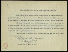 Carta del conde de Gimeno al director con la que le remite su discurso de ingreso y le pide que d...
