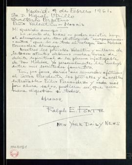 Carta de Ralph E. Forte a Miguel Utrillo, secretario de la Peña Valentín, en la que lamenta no po...