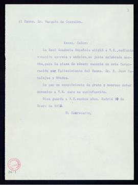Minuta del oficio del secretario [Emilio Cotarelo] al marqués de Cerralbo de comunicación de su e...