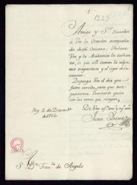 Carta de Juan de Iriarte a Francisco Antonio Angulo con la que devuelve la oración [a Carlos III ...