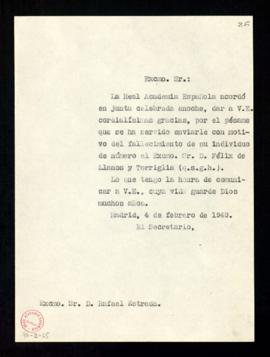 Copia del oficio sin firma del secretario a Rafael Estrada de traslado del agradecimiento de la j...
