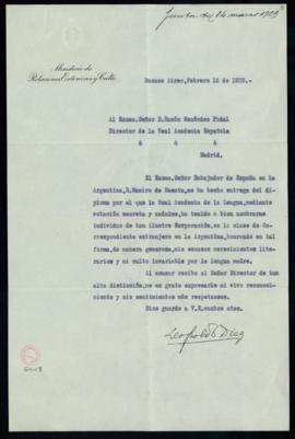 Carta de Leopoldo Díaz a Ramón Menéndez Pidal en la que acusa recibo del diploma de correspondien...