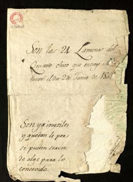 Documento de entrega de veinticuatro láminas del Quijote chico