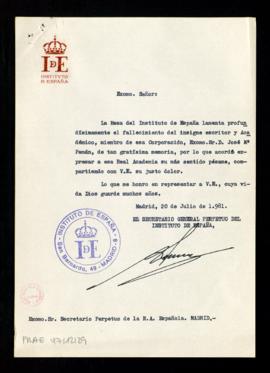 Oficio del secretario del Instituto de España, Antonio Rumeu de Armas, al secretario de la Real A...