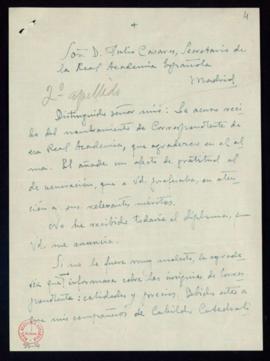 Carta de Isidoro Macabich a Julio Casares en la que acusa recibo de su nombramiento como académic...