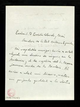 Carta de Azorín [José Martínez Ruiz] a Emilio Cotarelo y Mori, secretario, con la que le envía su...