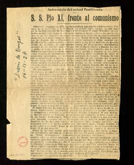 Aniversario del actual pontificado. S. S. Pío XI, frente al comunismo