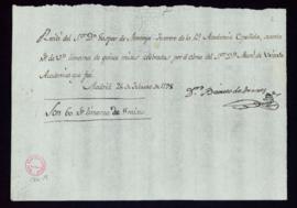 Recibo de Benigno de Torres de 60 reales de vellón por quince misas por el alma de Manuel de Uriarte