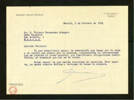 Carta de Joaquín Calvo-Sotelo a Melchor Fernández Almagro en la que le pide que le disculpe por n...