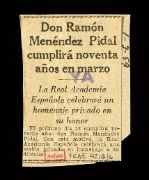Recorte del diario Ya con la noticia Don Ramón Menéndez Pidal cumplirá noventa años en marzo