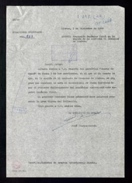 Copia del oficio de José Ibáñez-Martín, embajador de España, al ministro de Asuntos Exteriores al...
