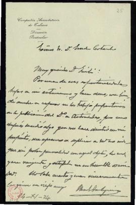 Carta de Manuel de Saralegui al secretario, Emilio Cotarelo, en la que suplica que no se le encar...