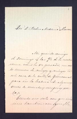 Carta de Antonio Cánovas del Castillo a Pedro Antonio de Alarcón en la que le invita a una velada...