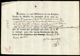 Recibo de Agustín de Arrieta de la Vida de Cervantes con los cuatro tomos de su Quijote para la B...