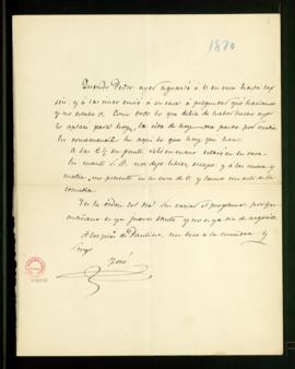 Carta de José Zorrilla a Pedro [Antonio de Alarcón] en la que le anuncia la hora a la que se pres...