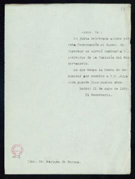Copia sin firma del oficio del secretario [Emilio Cotarelo] al marqués de Gerona de comunicación ...
