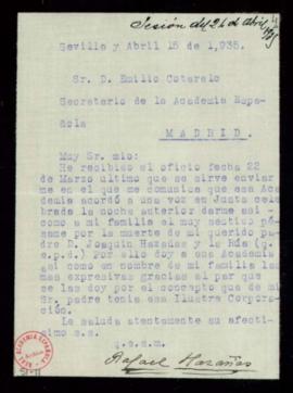 Carta de Rafael Hazañas a Emilio Cotarelo, secretario, en la que le transmite su agradecimiento p...