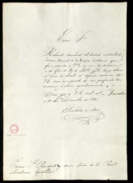 Carta de Sinibaldo de Mas al director [el duque de San Carlos] con la que remite su Sistema music...